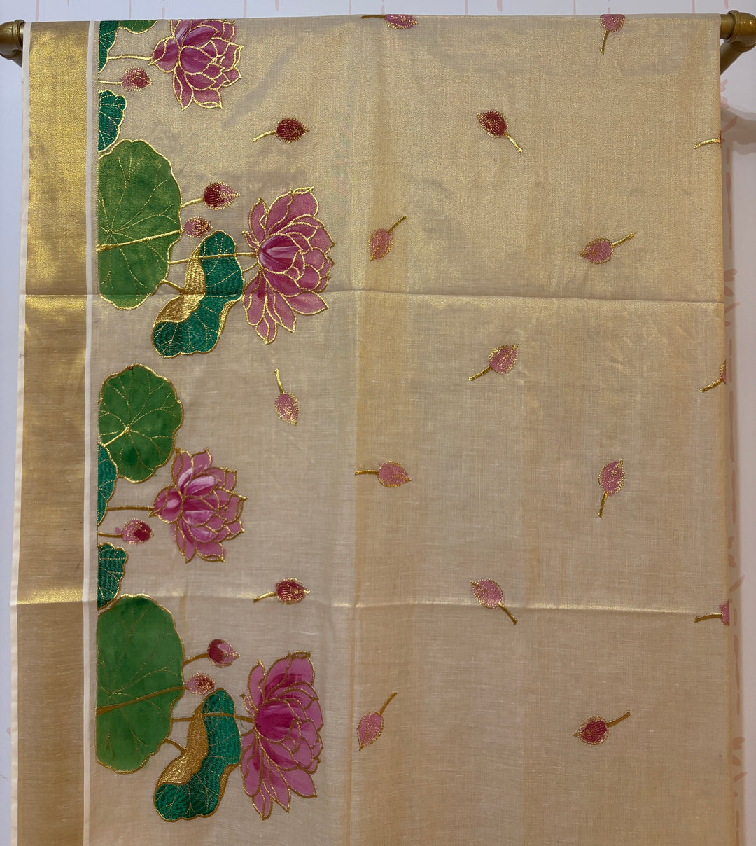 Kerala tissue saree with painted lotus and embroidery