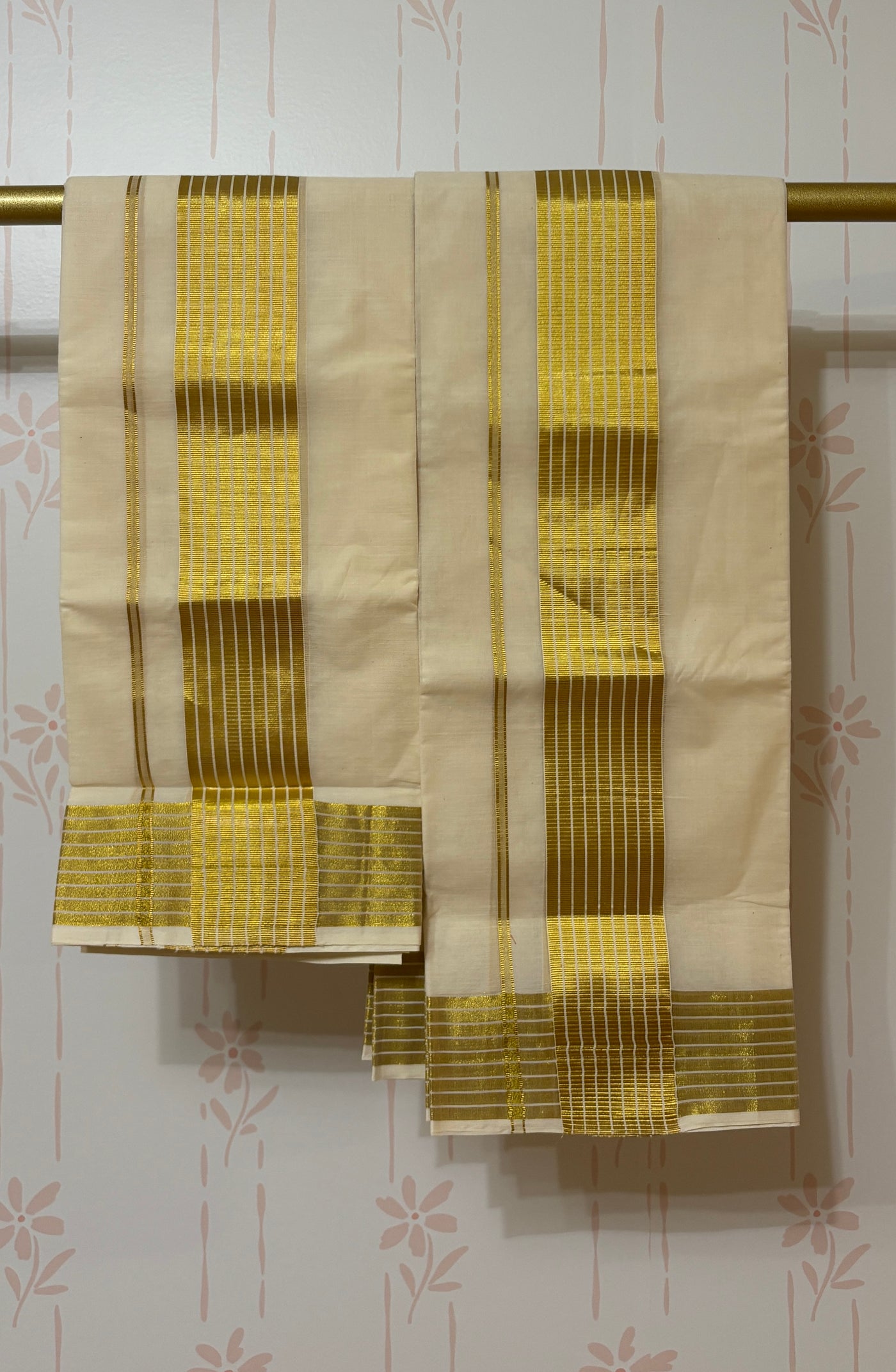 Kerala Kasavu set Mundu with Stripes Border
