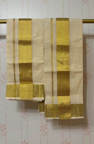 Kerala Kasavu set Mundu with Stripes Border