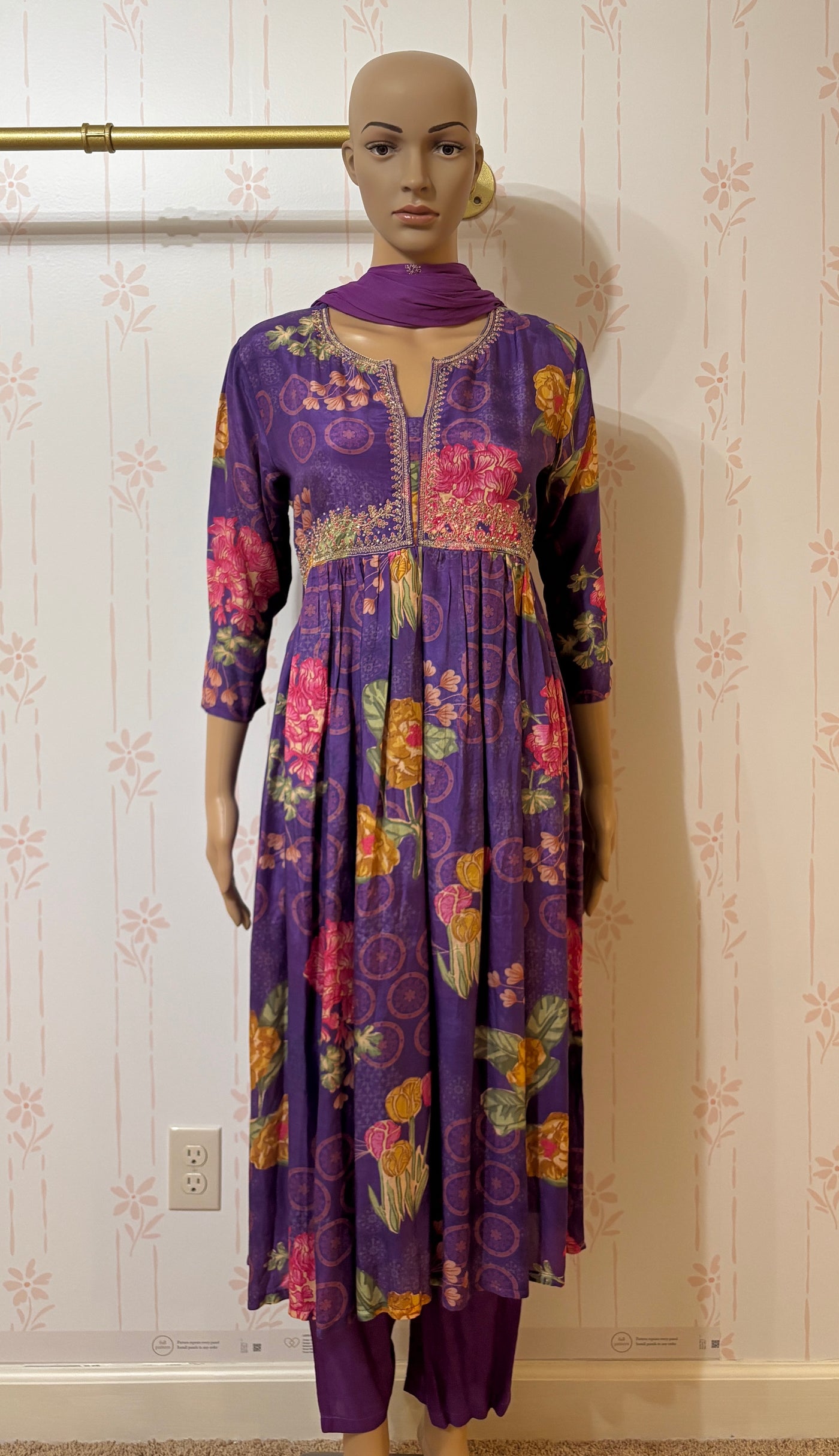 Violet floral 3 piece muslin suit set