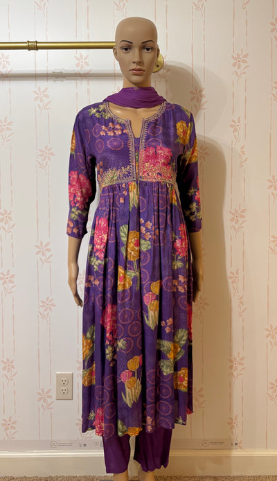Violet floral 3 piece muslin suit set