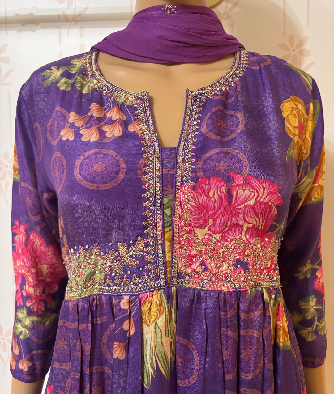 Violet floral 3 piece muslin suit set