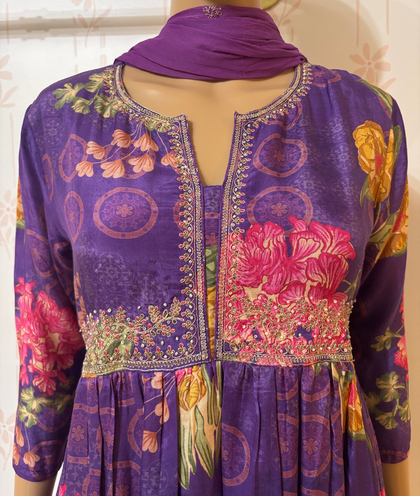 Violet floral 3 piece muslin suit set