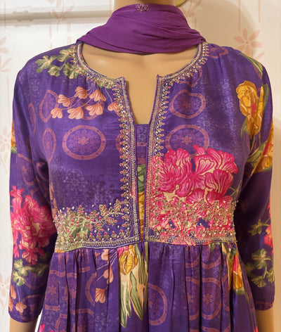 Violet floral 3 piece muslin suit set