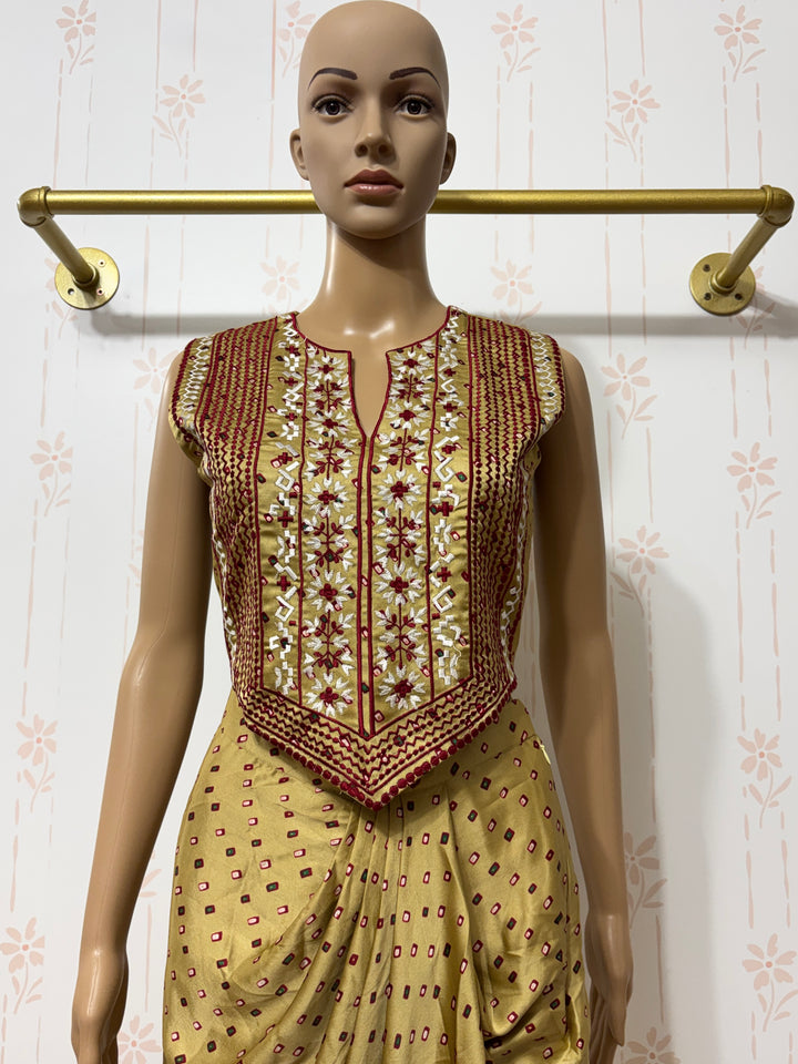 Bandhini print satin draped skirt set