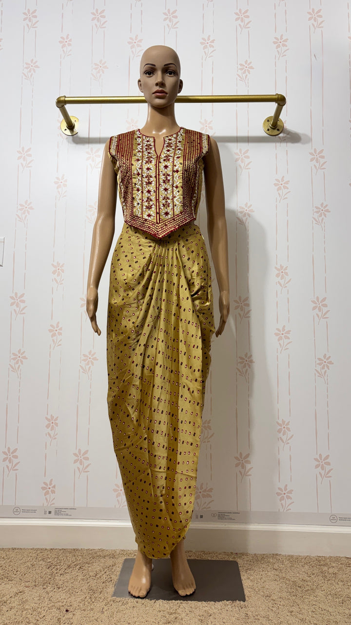 Bandhini print satin draped skirt set