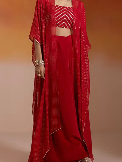 Red Embroidered Bustier with palazzo pants and cape