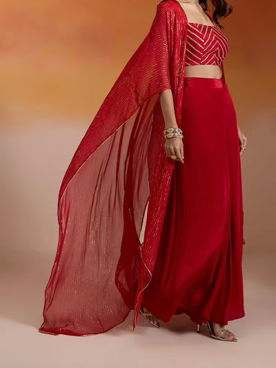 Red Embroidered Bustier with palazzo pants and cape