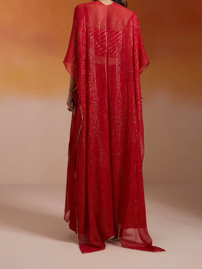 Red Embroidered Bustier with palazzo pants and cape