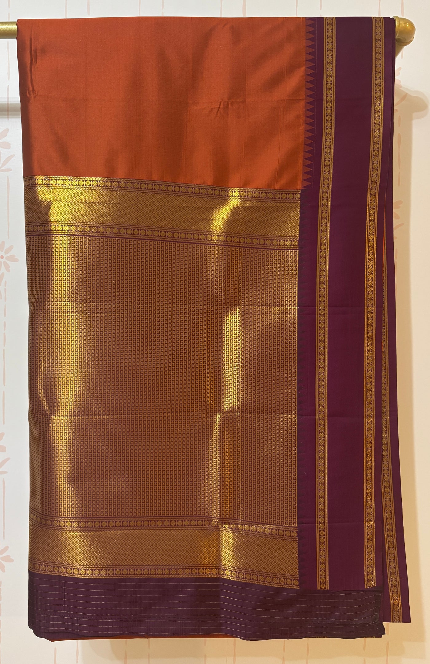 Rust Orange Kanchipuram style Semi silk saree