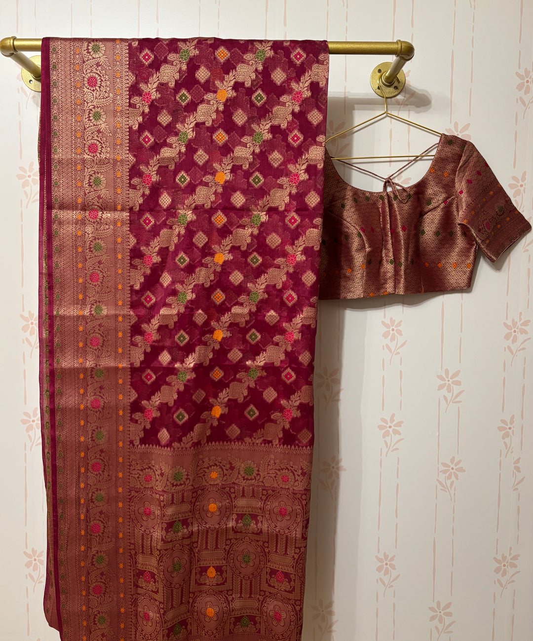 Maroon Chiniya silk Minakari Saree and Blouse Set
