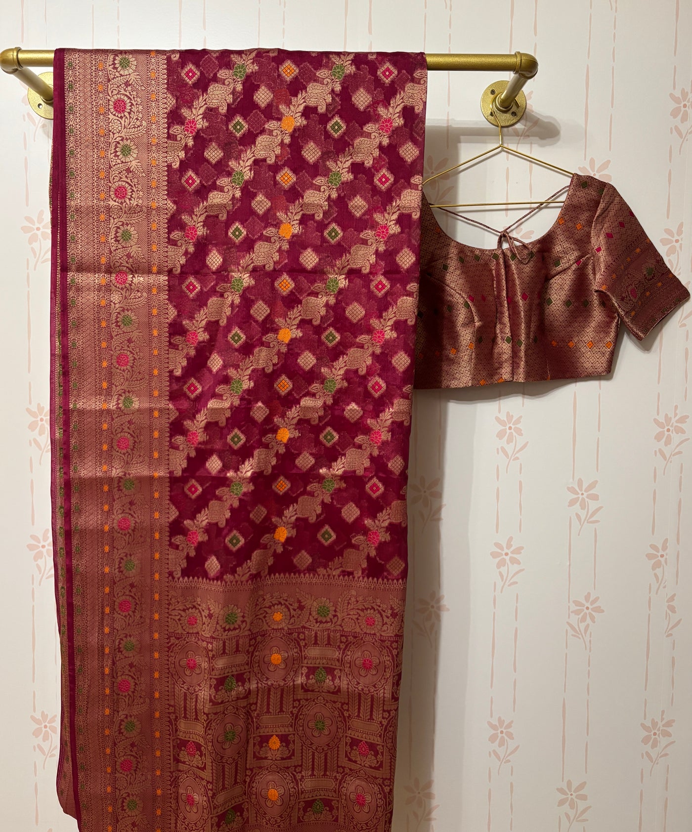 Maroon Chiniya silk Minakari Saree and Blouse Set