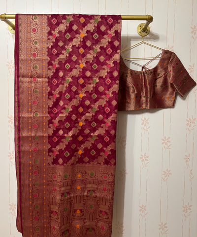 Maroon Chiniya silk Minakari Saree and Blouse Set