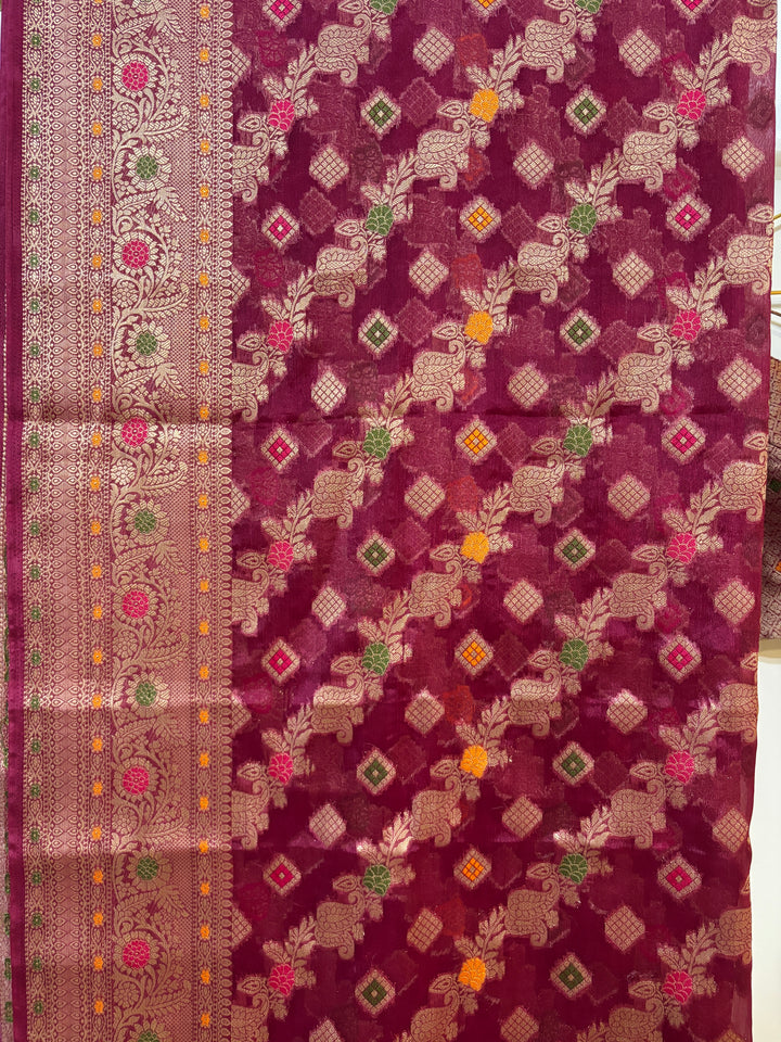 Maroon Chiniya silk Minakari Saree and Blouse Set