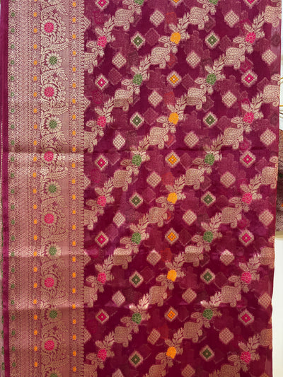 Maroon Chiniya silk Minakari Saree and Blouse Set