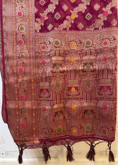 Maroon Chiniya silk Minakari Saree and Blouse Set