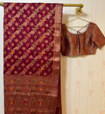 Maroon Chiniya silk Minakari Saree and Blouse Set