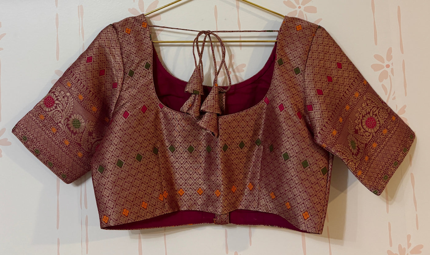 Maroon Chiniya silk Minakari Saree and Blouse Set