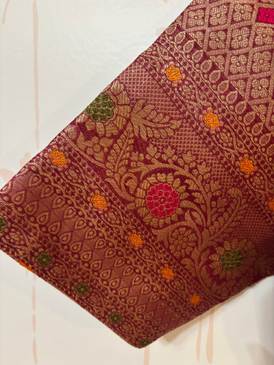 Maroon Chiniya silk Minakari Saree and Blouse Set