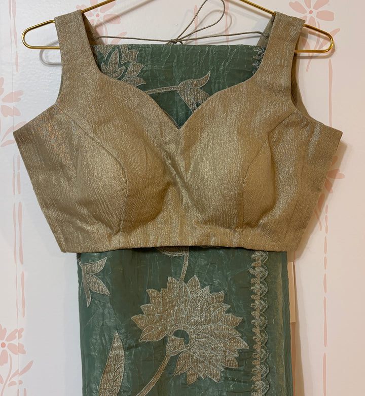 Sage green applique embroidered crush tissue organza saree and blouse set