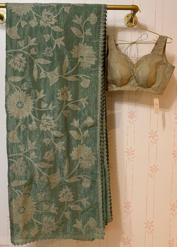 Sage green applique embroidered crush tissue organza saree and blouse set