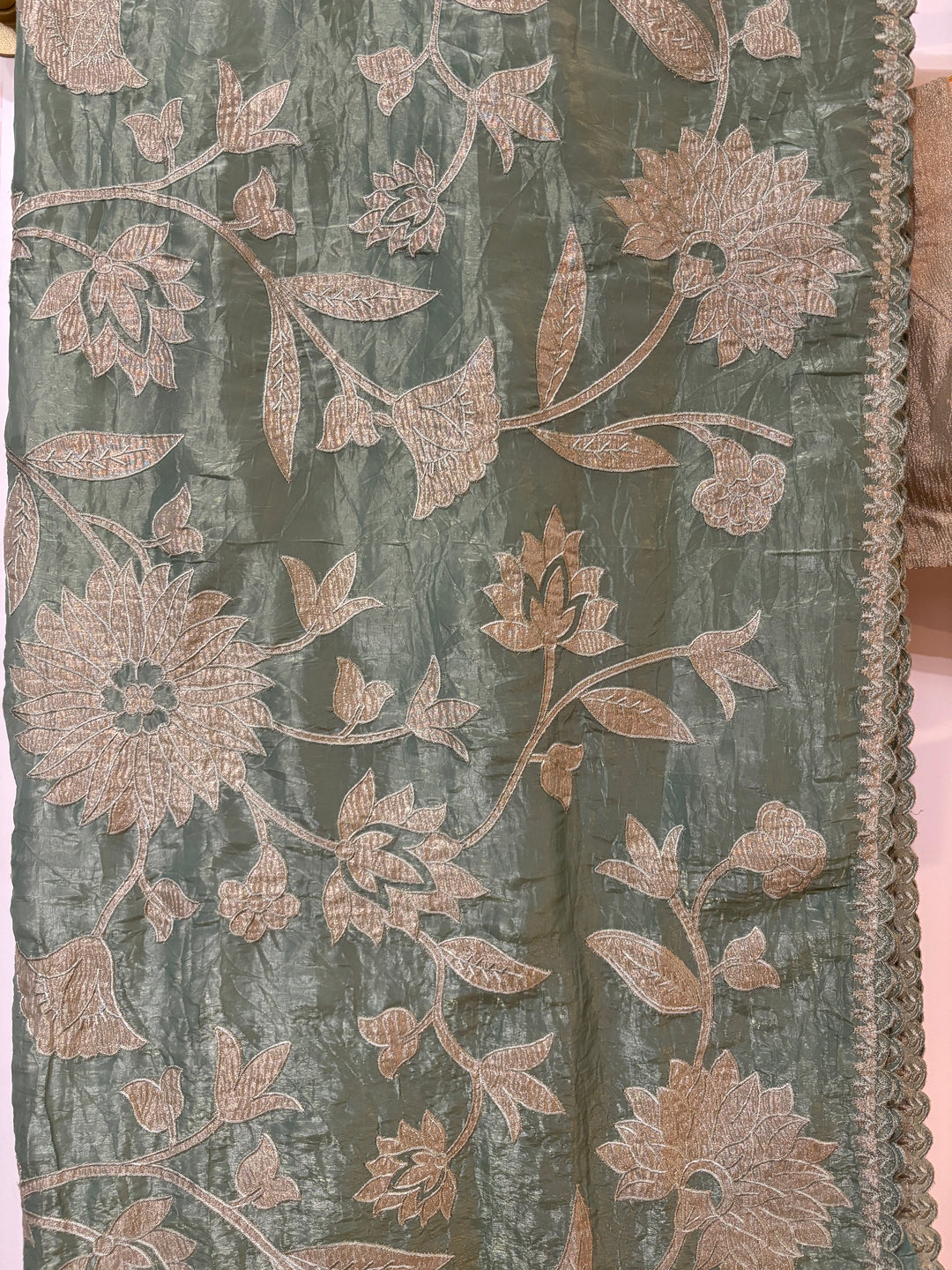 Sage green applique embroidered crush tissue organza saree and blouse set