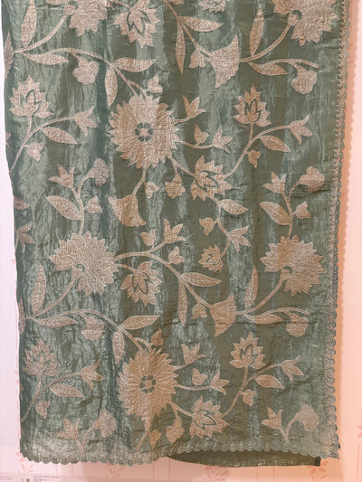 Sage green applique embroidered crush tissue organza saree and blouse set