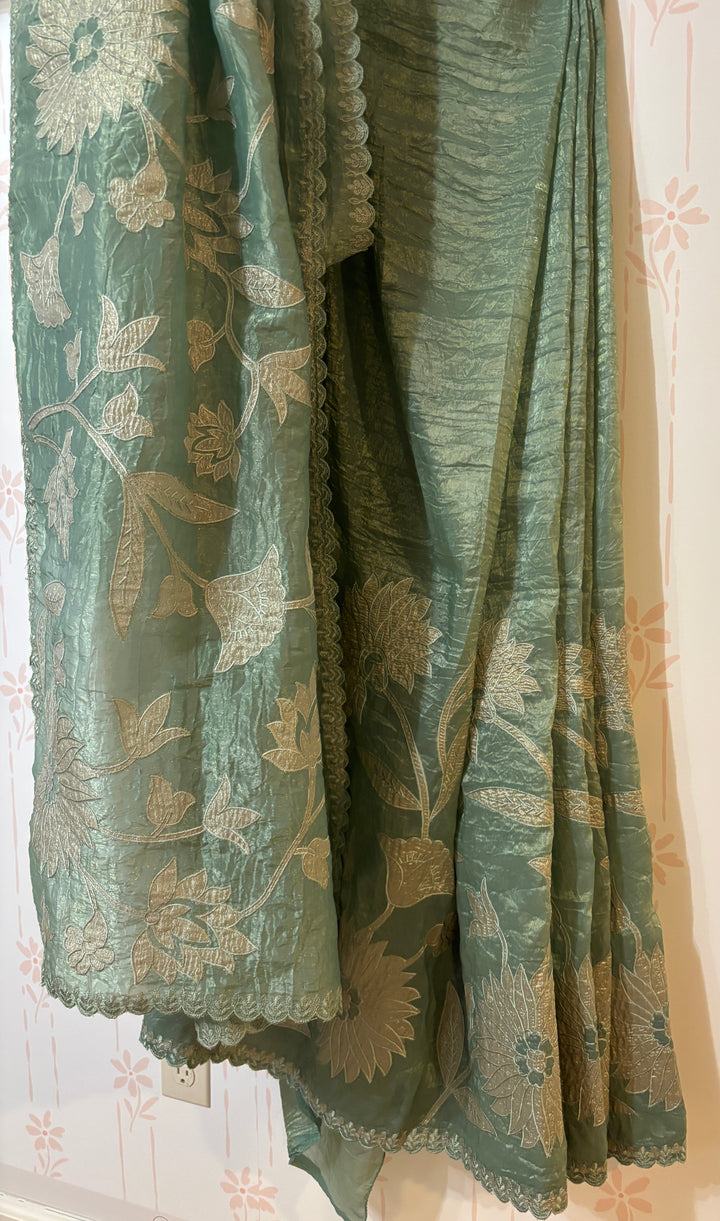 Sage green applique embroidered crush tissue organza saree and blouse set