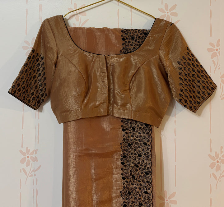 Light Peach embroidered crush tissue organza saree and blouse set