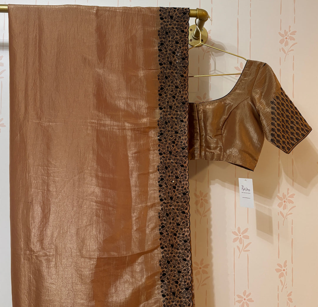 Light Peach embroidered crush tissue organza saree and blouse set