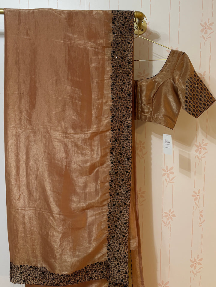 Light Peach embroidered crush tissue organza saree and blouse set