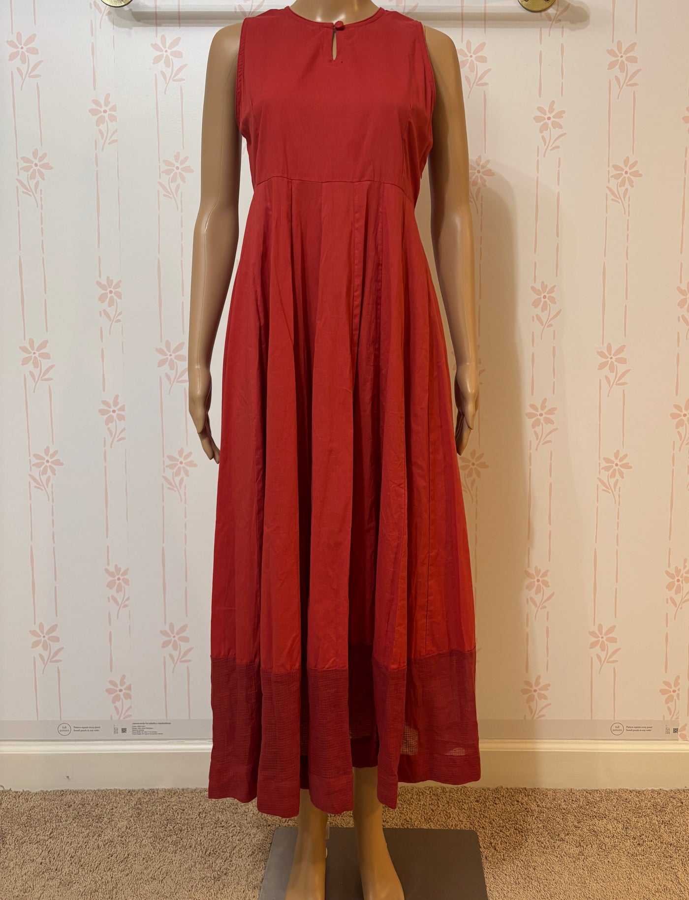 Gerua Maroon Cotton Halter neck flared dress with Kota border