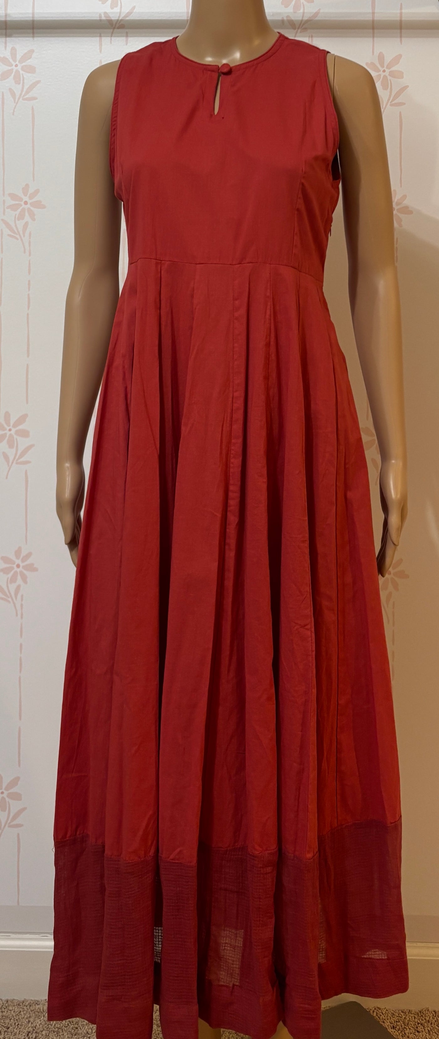 Gerua Maroon Cotton Halter neck flared dress with Kota border