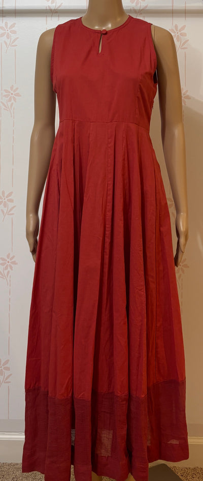 Gerua Maroon Cotton Halter neck flared dress with Kota border