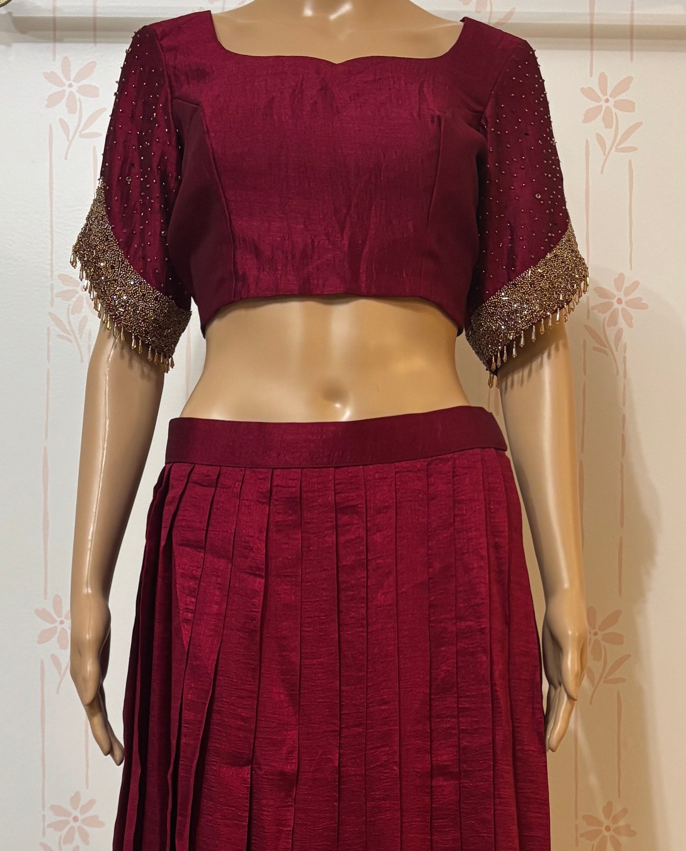 Maroon Crop top skirt set with Zardosi work