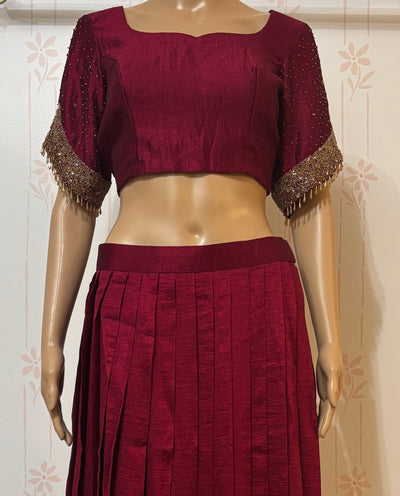 Maroon Crop top skirt set with Zardosi work