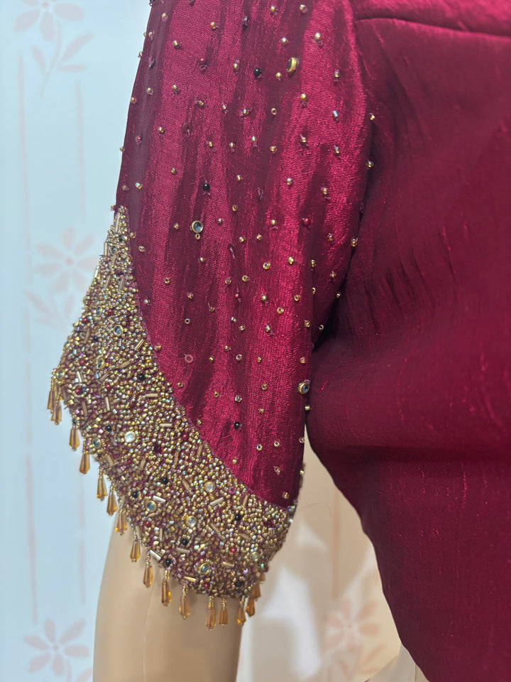 Maroon Crop top skirt set with Zardosi work