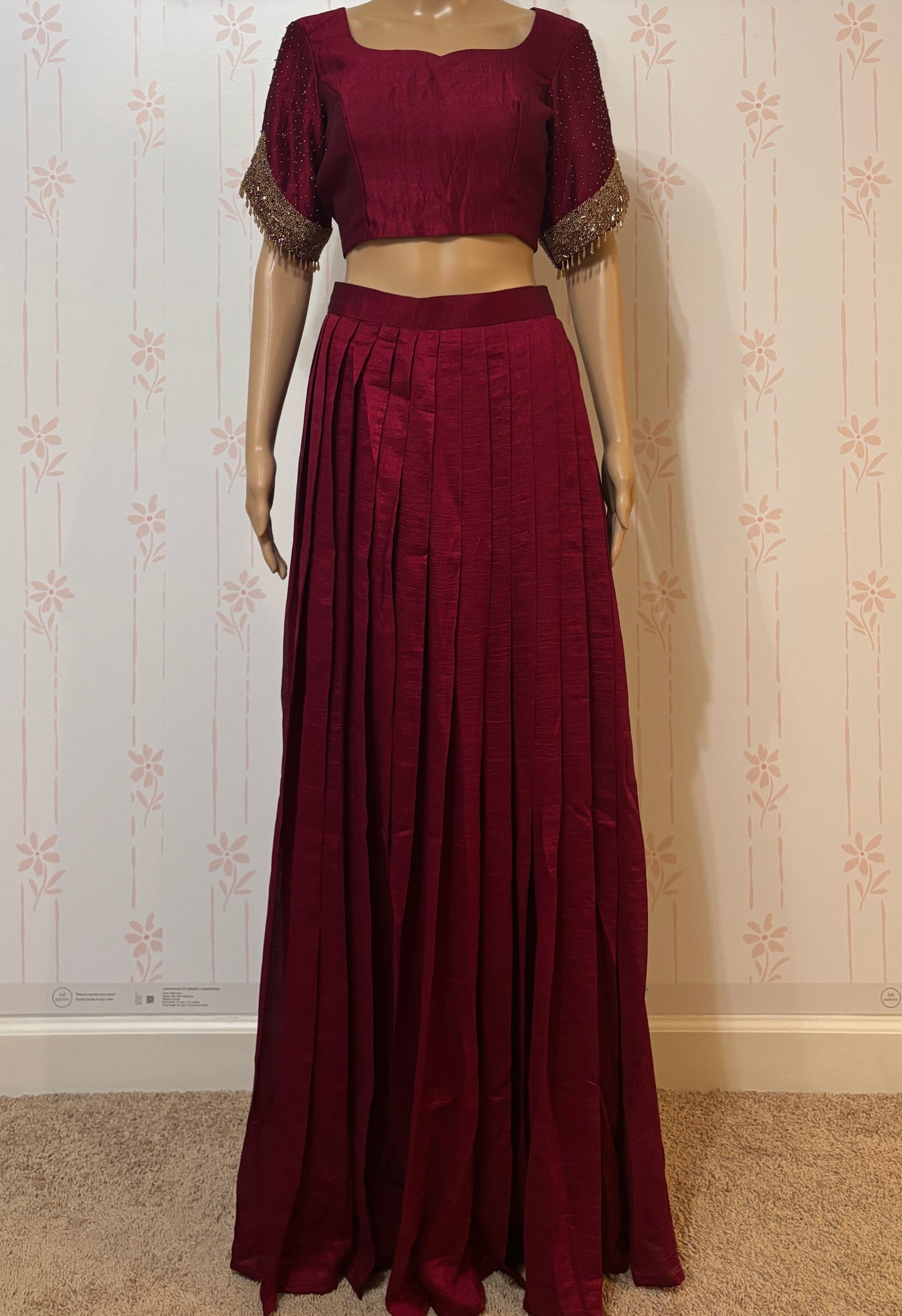 Maroon Crop top skirt set with Zardosi work