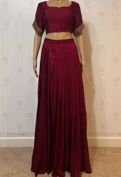Maroon Crop top skirt set with Zardosi work