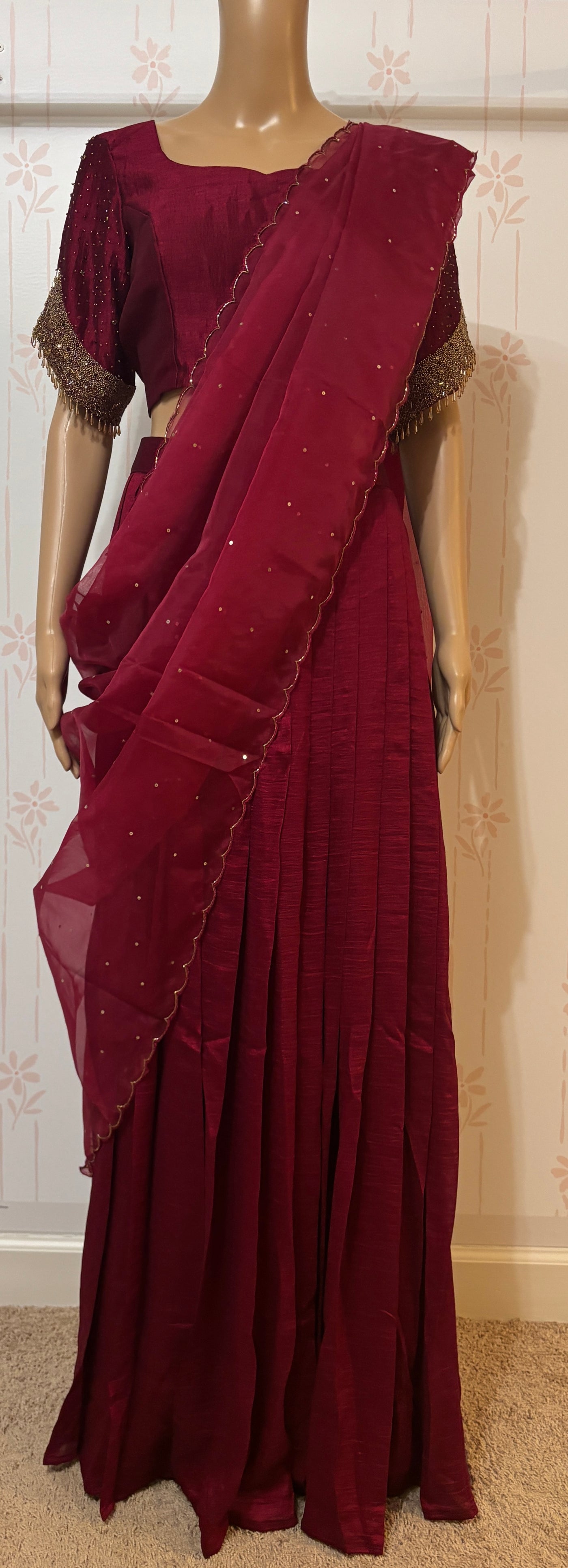 Maroon Crop top skirt set with Zardosi work
