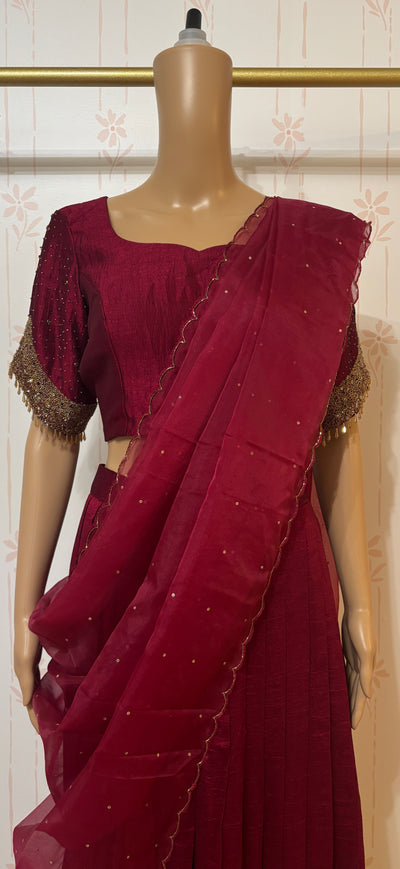 Maroon Crop top skirt set with Zardosi work