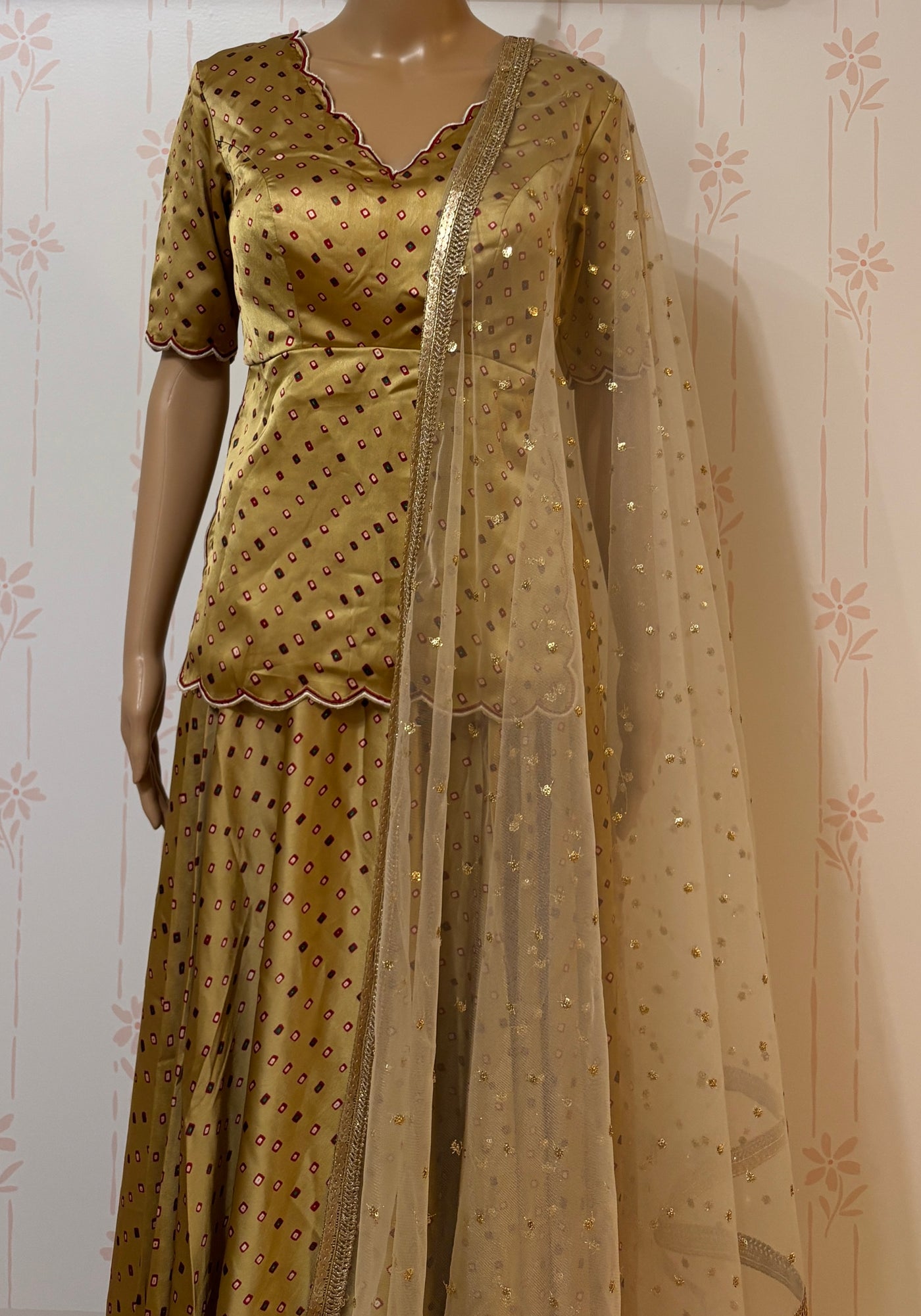 Beige Satin Bandhini digital print lehanga set