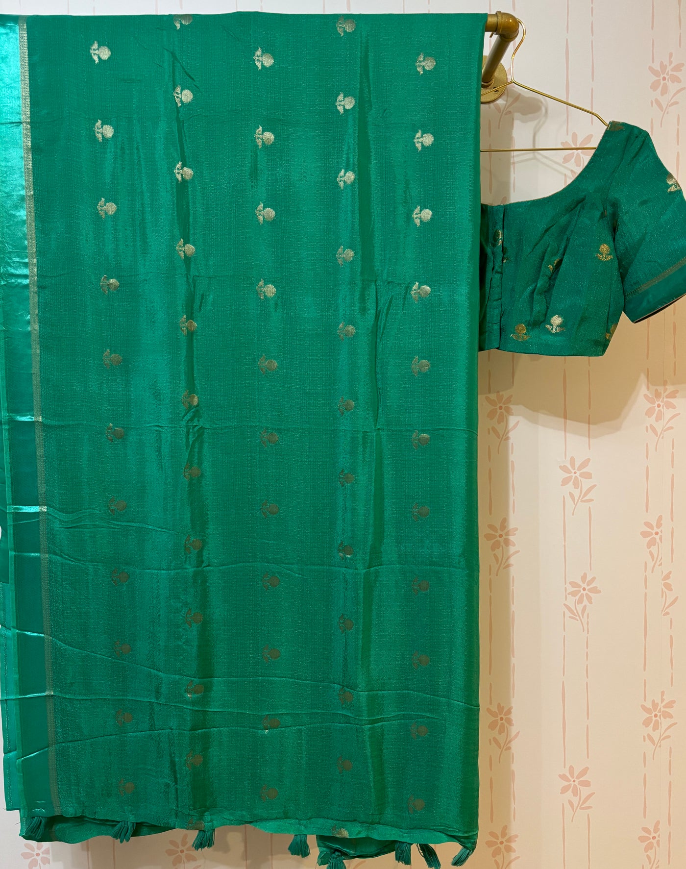 Teal green Khadi silk saree and blouse set