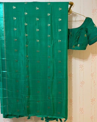 Teal green Khadi silk saree and blouse set