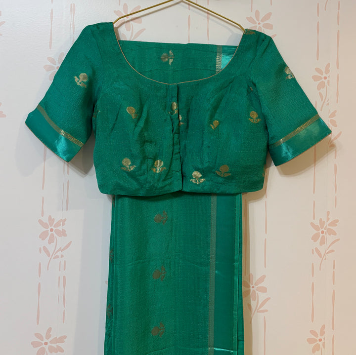 Teal green Khadi silk saree and blouse set