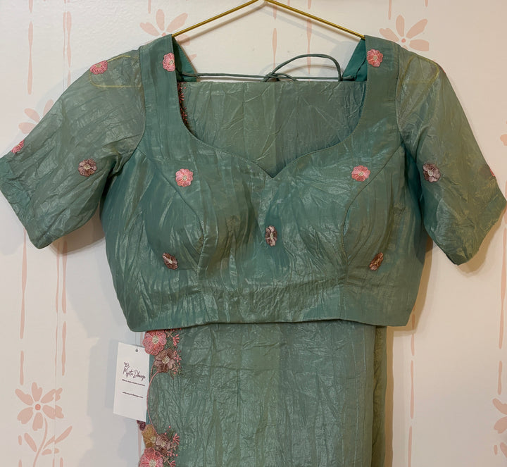 Light Minty Green Crushed organza saree and blouse set