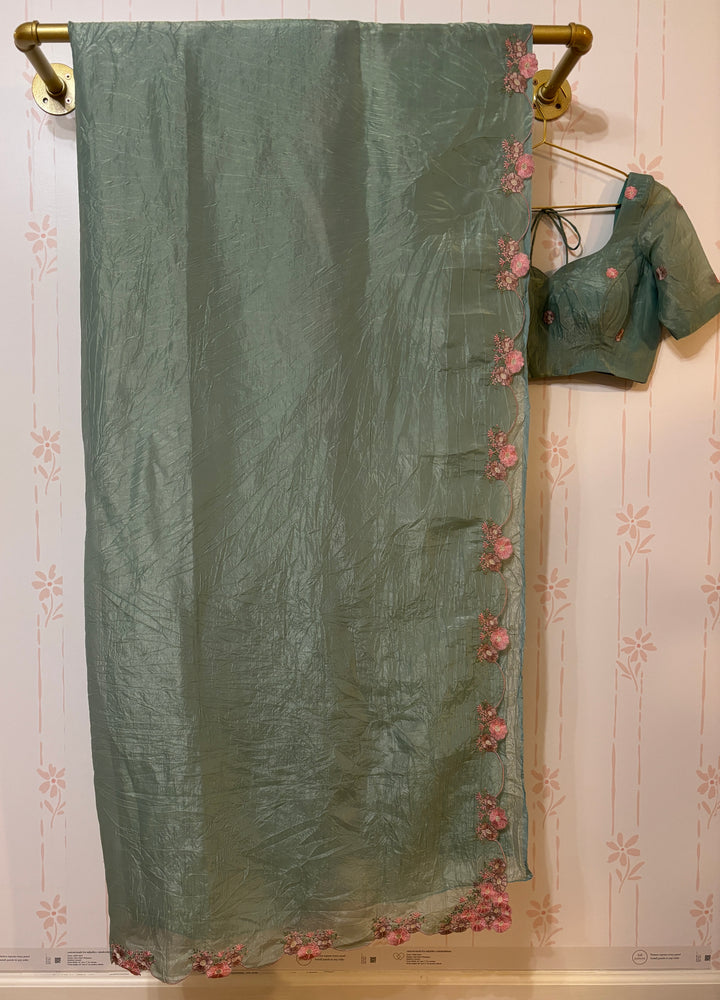 Light Minty Green Crushed organza saree and blouse set