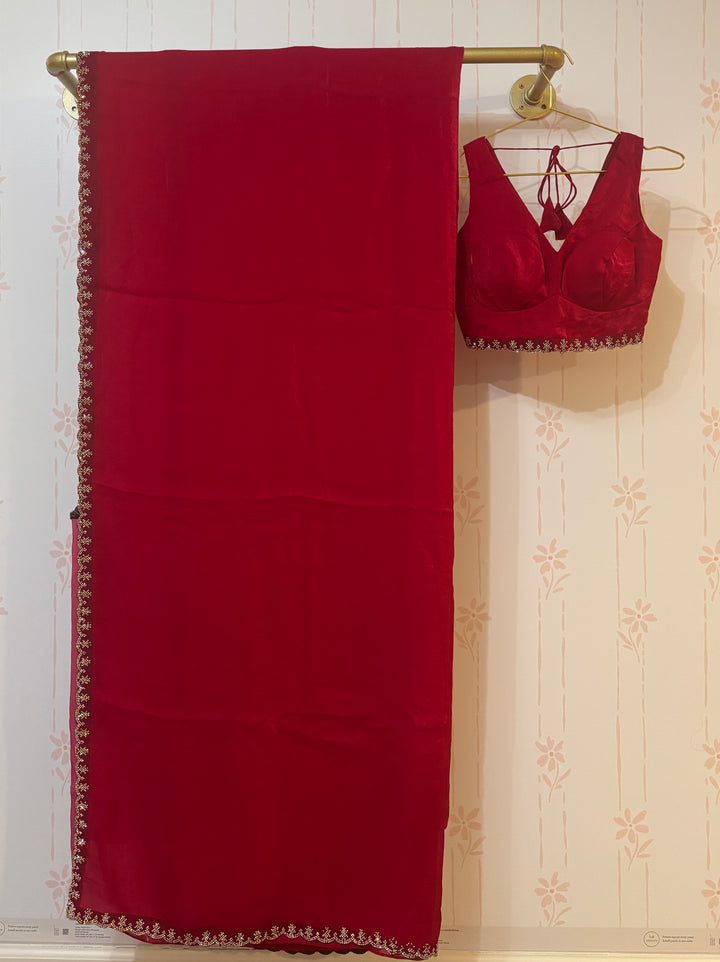 Hot Pink Velvet organza Stonework Saree and blouse set