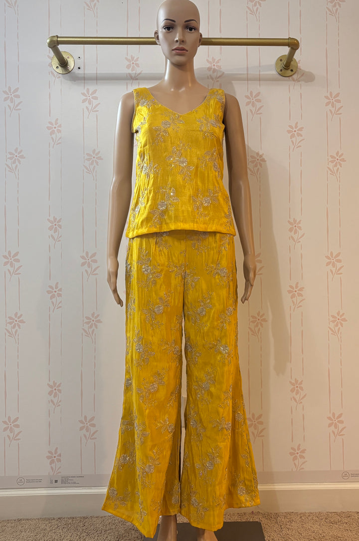 Yellow embroidered Viscose sari palazzo set
