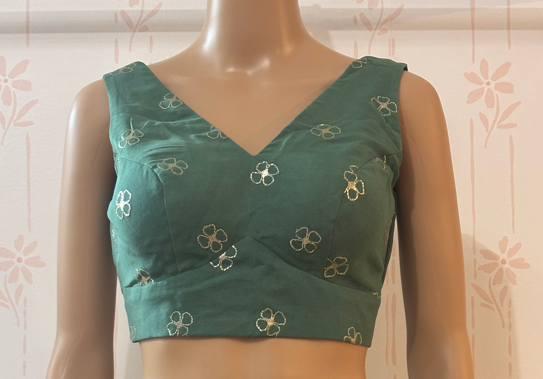 emerald green Pita work georgette saree and blouse set